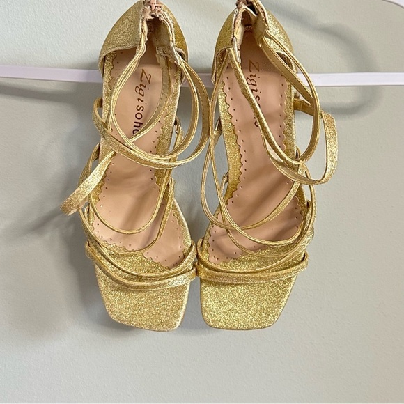 Gold Strappy Block Heel Sandals women size 8 sparkly zipper back 3’ heels party - Picture 8 of 15